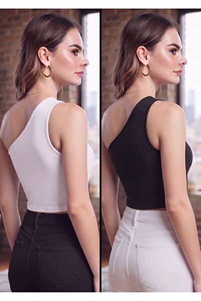 WAYS Women's Black-Ecru One-Shoulder Diver Bustier Crop Top Flexible and Stylish Design
