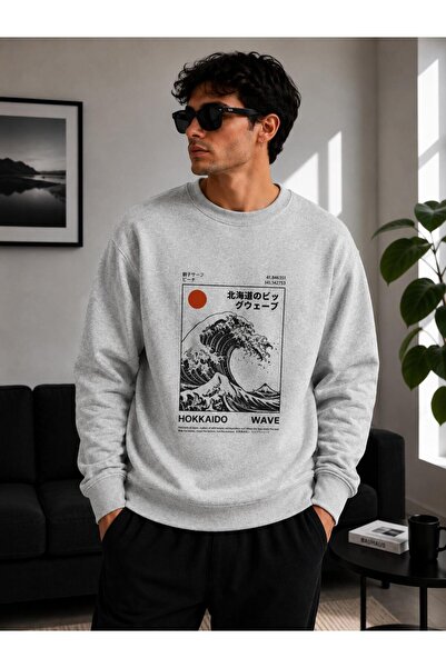 caddekombin Unisex Hokkaido and Wave Printed Crew Neck Sweatshirt