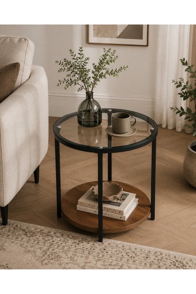 N.zone Round Side Table with Tempered Glass Top and Wooden Bottom Shelf in Mo...