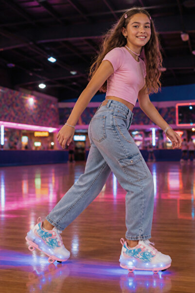 ByCukurovaFrango Işıklı Şarjlı Kız Çocuk 4 Tekerlekli Pembe Günlük Sneaker Fr...