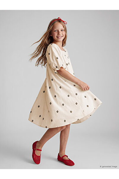 LC Waikiki Ozmarka New Season Square Collar Gathered Printed Girl's Dress