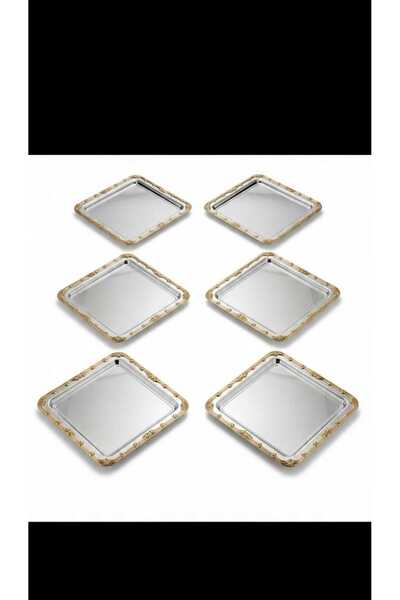 SUNVERA ÇELİK 6 Adet Gold Çerçeveli Paslanmaz Çelik Kare Kahve Sunum Servis T...