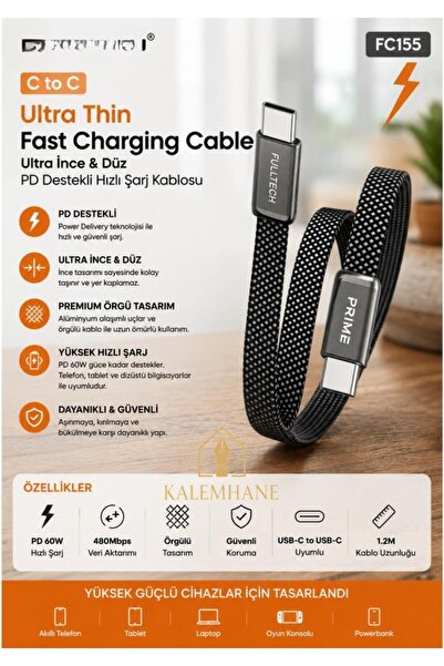 kalemhane USB Type-C to USB Type-C Ultra İnce Hızlı Şarj Kablosu