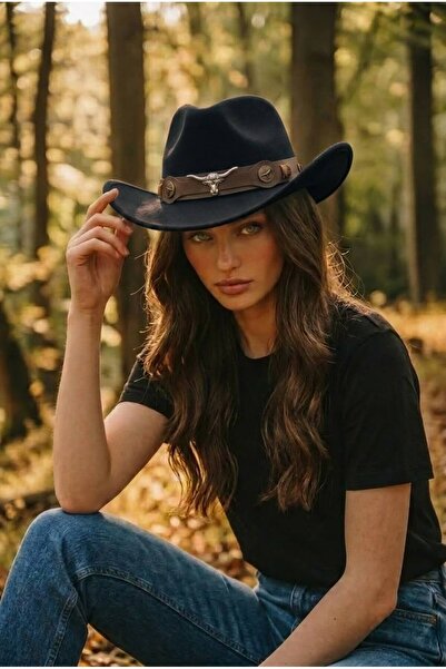 Gigi Luxe Kadın İçten Ayarlanabilir Metal Toka Desenli Kovboy Şapkası Fötr Şapka