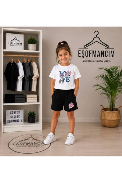 Eşofmancım Girl's Summer Shorts and T-Shirt Love Printed Set