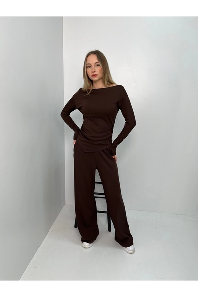 Veni Life Women's Side Gathered Long Sleeve Wide Leg Pants Blouse Bottom Top ...