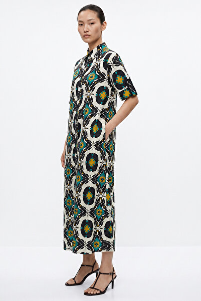 Exquise Abstract Patterned Long Sleeve Regular Shirt Dress
