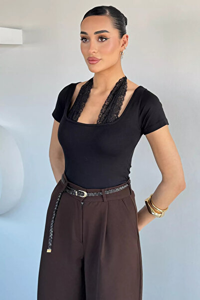 Aryena Black Women's Neck Tie Lace Blouse