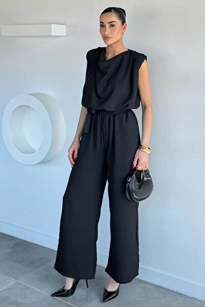 Aryena Black Gülseli Women's Degaje Collar Shoulder Padded Elastic Waist Jump...