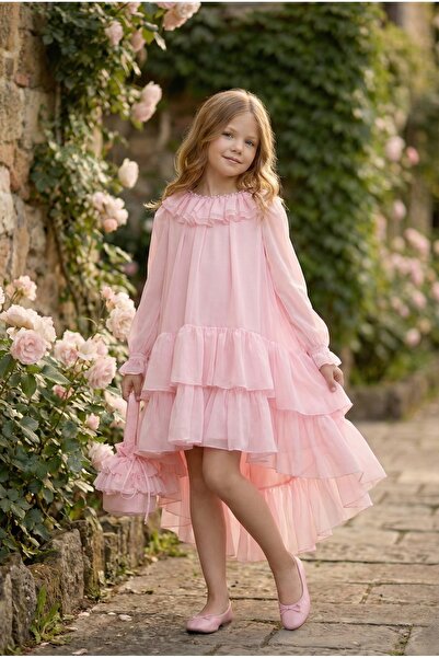 Pamina Girl's Evening Dress Layered Ruffle Back Long Chiffon Dress and Bag Se...
