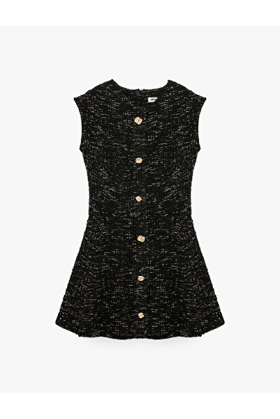 Koton Slim Fit Jewel Buttoned Crew Neck Sleeveless Tweed Mini Flared Dress