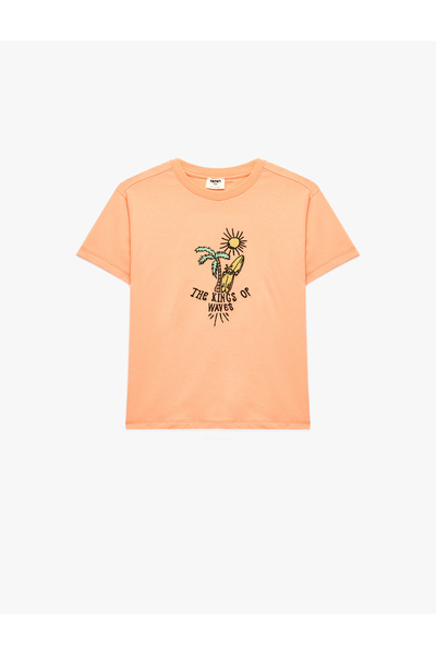 Koton Cotton Short Sleeve Crew Neck Embroidered T-Shirt