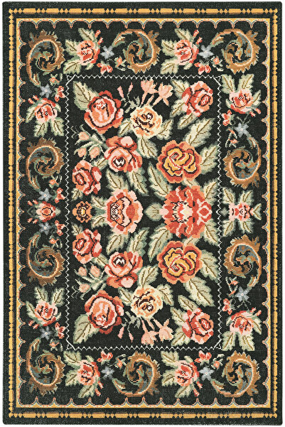 Cool Halı Happy Siyah Halı Vintage Otantik Gül Çiçek Desenli Kaymaz Taban Dek...