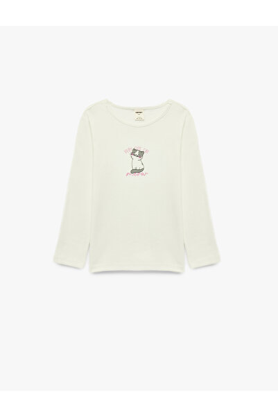 Koton Cat Printed Cotton Long Sleeve Crew Neck T-Shirt