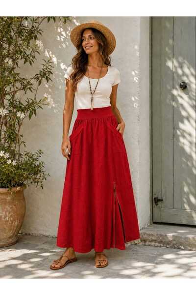 Butik Şans Women's Zipper Detailed Elastic Waist Italian Linen Skirt with Poc...