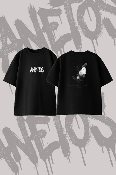 Anetos Abstract Man Birds Design Printed Oversize Crew Neck T-Shirt Black