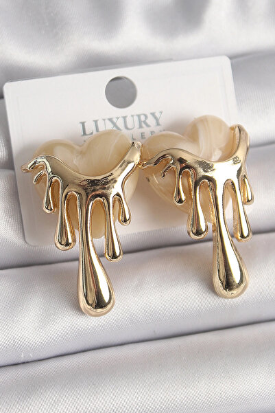 ARMÜZ Brass Gold Color White Pearlescent Flowing Heart Model Women's Earrings