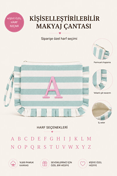 Beige & Stone Kişiye Özel Harf Detaylı Mavi Çizgili 17x29 cm Volanlı Clutch &...