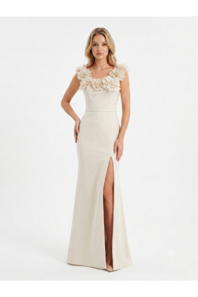 Hot Hotcontact Pearl Embellished 3D Floral Straps Long Evening Dress with Hid...