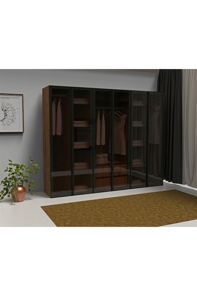 Dian Mobilya Füme Cam Gardrop 6 Kapılı İçi Komple MDF Bol Raflı