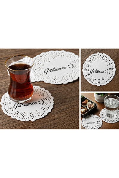 stonestory Gülümse Yazılı Ahşap Bardak Altlığı 6'lı Set | Dekoratif kağıt Kes...
