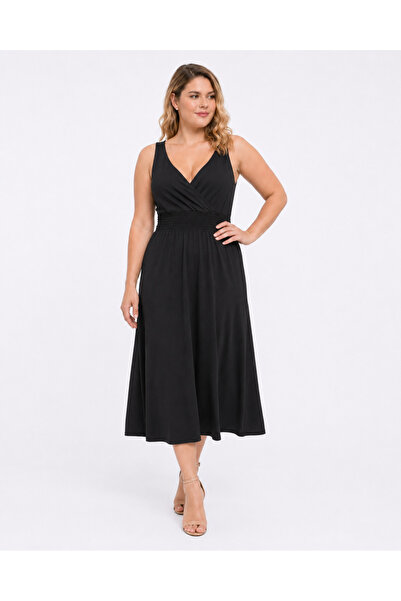 Şans Women's Plus Size Black, Waist Gipe Elastic Detail, Wrap Collar, Viscose...