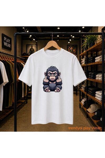 playwear Sign Monkey Printed 100% Cotton Oversize Loose Regular Fit Crew Neck...