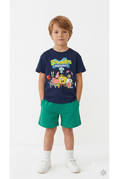 LİTTLE TORTOİSE Boys' Spongebob Printed Crew Neck T-Shirt - Shorts Set