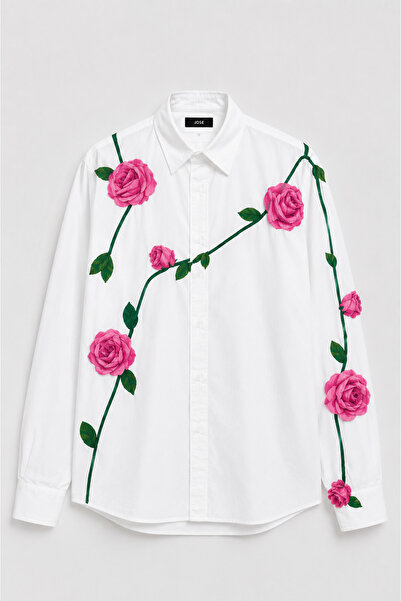 Jose Clothing White Hand-Painted Floral Pattern Oversize Long Sleeve Shirt