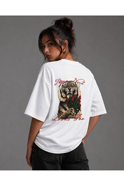cc collection Women's Black Tiger and Tulip Back Print Oversize T-Shirt