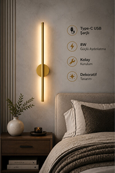 FKLIGHT 75CM / USB Sarjlı Resim / Tablo / Ayna / Duvar / Gold kasa Ledli Apli...