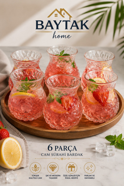 BAYTAK HOME Set of 6 Patterned Glass Tea Cups Stylish Design, Cold and Hot Be...