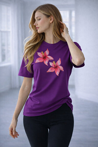 caddekombin Women's Summer Style Pink Floral Printed Round Neck Sports T-Shir...