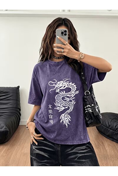 Toum Dragon Printed Washable Vintage Unisex Oversize Purple T-Shirt