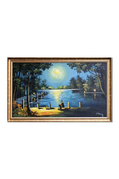 artnova Κορνιζαρισμένος πίνακας με μια γαλήνια σκηνή στην ακτή, με έναν ψαρά ...