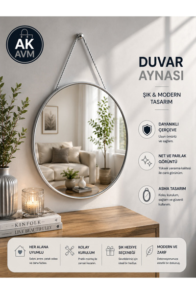 Ak Avm 30cm Gold Detaylı Dekoratif Ayna