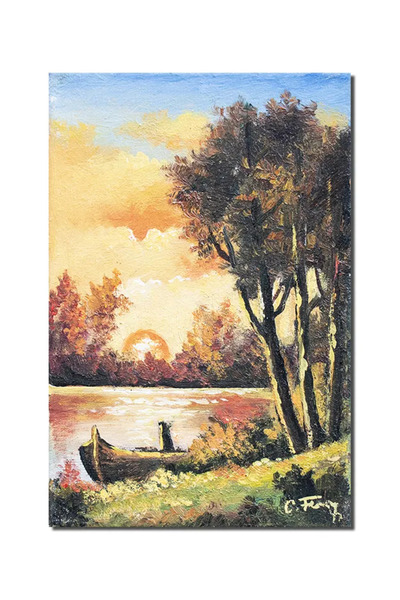 artnova Χειροποίητος πίνακας, Ηλιοβασίλεμα με βάρκα, 30x20εκ. λάδι σε καμβά, ...
