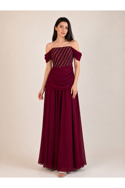 DVNA Burgundy Mermaid Evening Dress with Sequined Corset