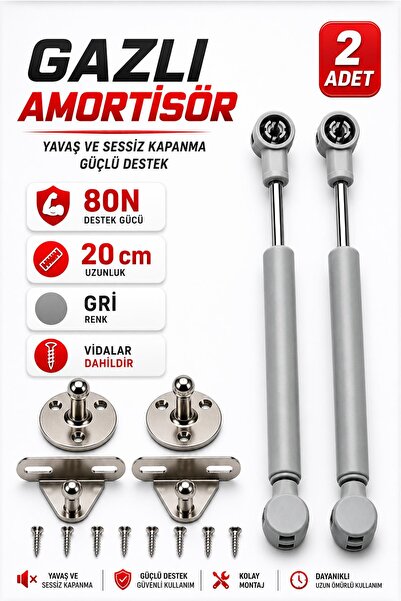 NZB (2 Adet) Dolap Kapak Amortisörü 80N Gri 20 cm Gazlı Piston Kapak Hidroliğ...