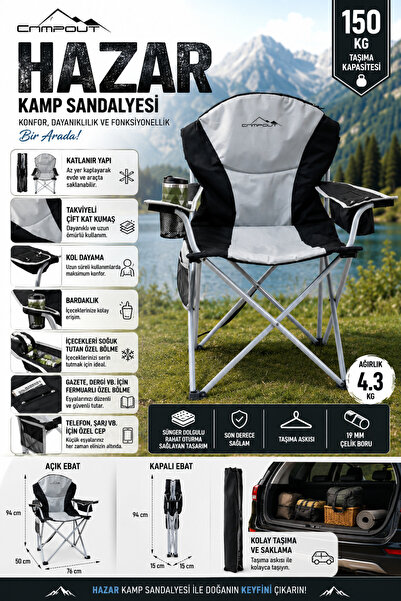 Rollino Hazar Lüks Dolgulu ve Taşıma Çantalı Kamp Sandalyesi 150kğ Taşıma Kap...