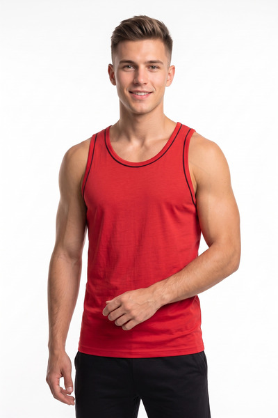 nacar çarşı Men's Red Black Ribbed Cotton Combed Cotton Strappy T-Shirt
