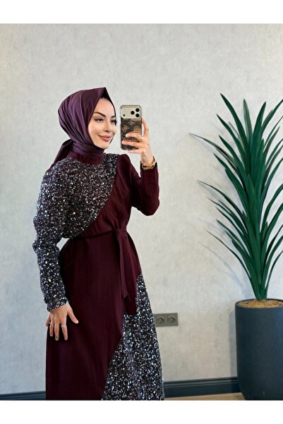 Aişe modaa 3727 Roba Skirt with Mesh and Sequin Pieces Dress Burgundy