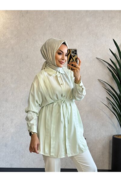 ALANURMODA 1016-2 قميص تينسل مطوي من الأمام بلون النعناع