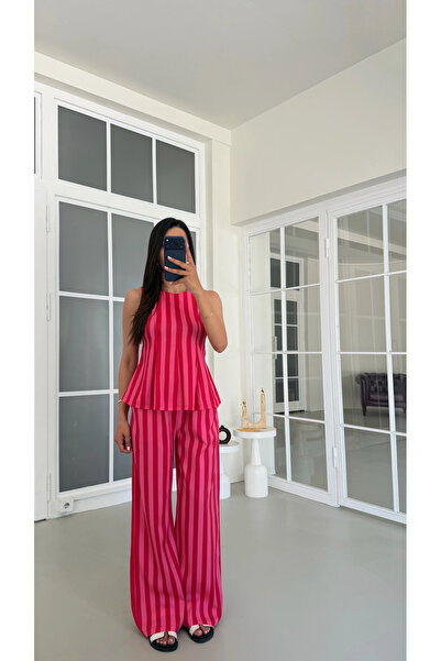 Miss Beyoğlu Women's Pink Red Striped Zero-Sleeve Blouse with Elastic Waist P...