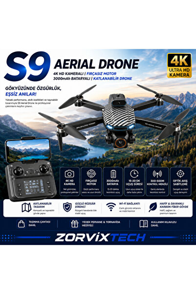 ZorvixTech S9 Aerial Drone 4K HD Kameralı Fırçasız Motor 3000mAh Bataryalı Ka...
