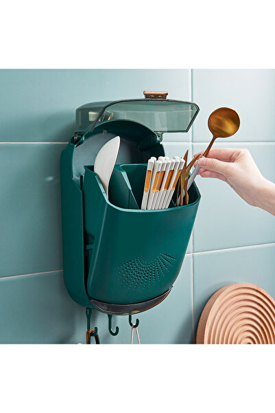 Generic Wall-Mounted Kitchen Cutlery Holder with Dust-Proof Cover – Multi-Functional Spoon & Fork Organizer – Utensil Drying Rack with 3 Hanging Hooks & Drain Tray – Punch-Free Space Saving Storage
