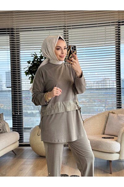 ALANURMODA 14456 Suit with Satin Stripe Detail on the Front, Khaki