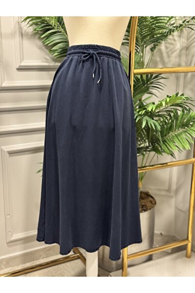 ALANURMODA 3322 Tencel Elastic Waist Flared Skirt Navy Blue