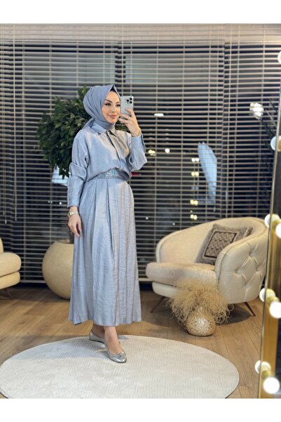 Jupe 8520 Etek Beli Taş Kemerli Takım Gri