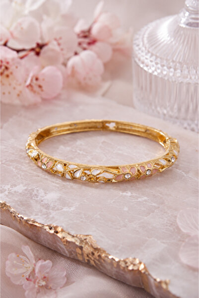 Sylvera Shop Flower Breeze Stone White-Pink Enamel Thin Cuff Bracelet (Gold C...